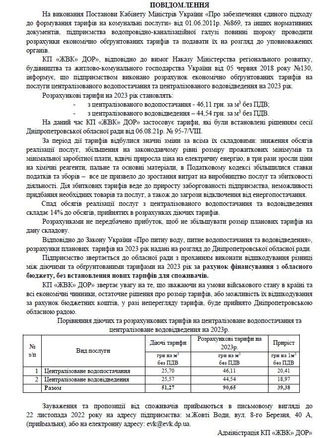 Планові тарифи на 2023 рік